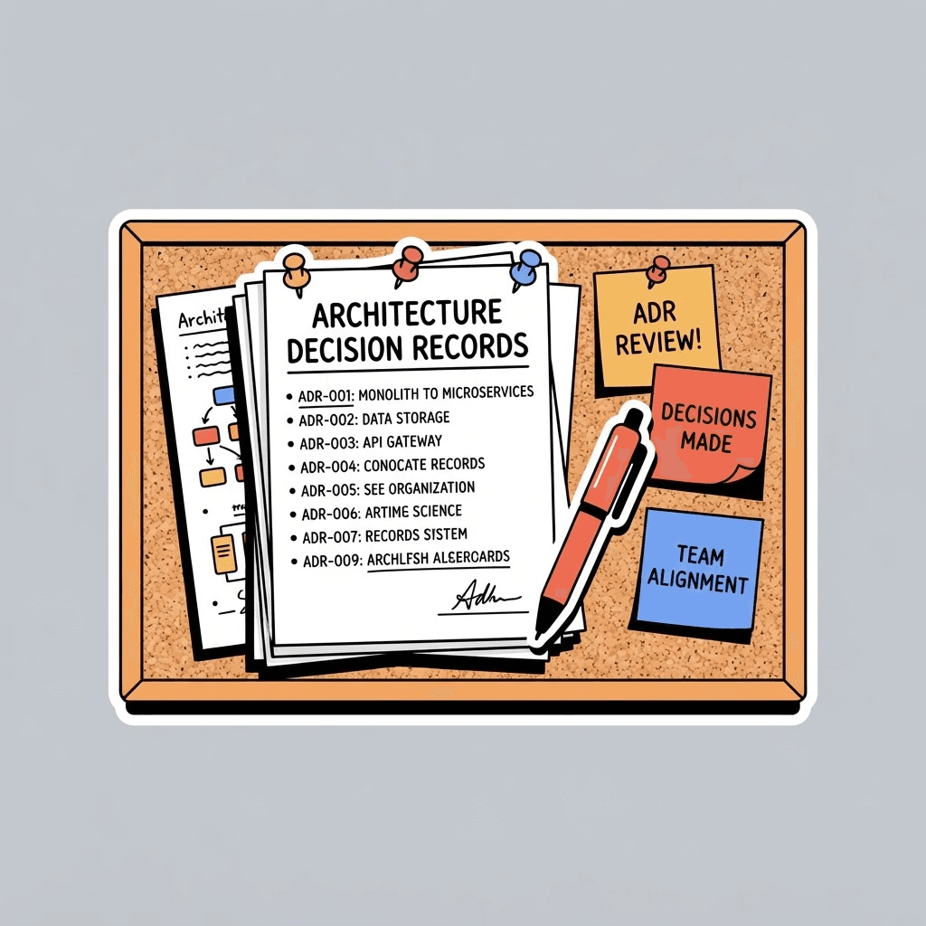 Illustration of architecture decision records pinned to a board