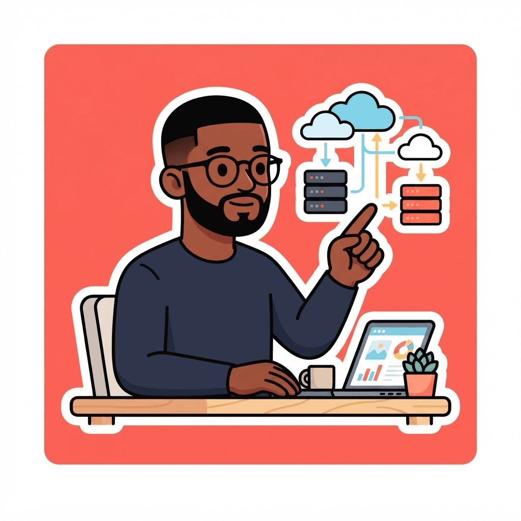 Illustration of Suh Fangmbeng sketching a cloud architecture diagram
